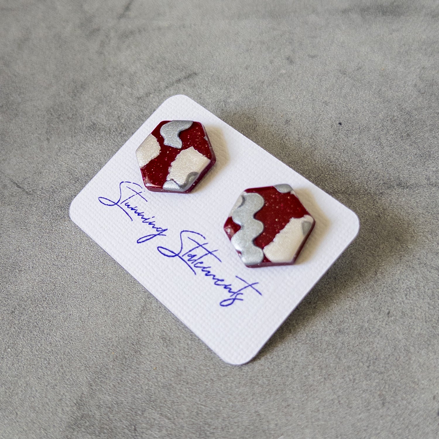 stunning statements clay bold bright colorful trendy maroon white silver franki stud earrings