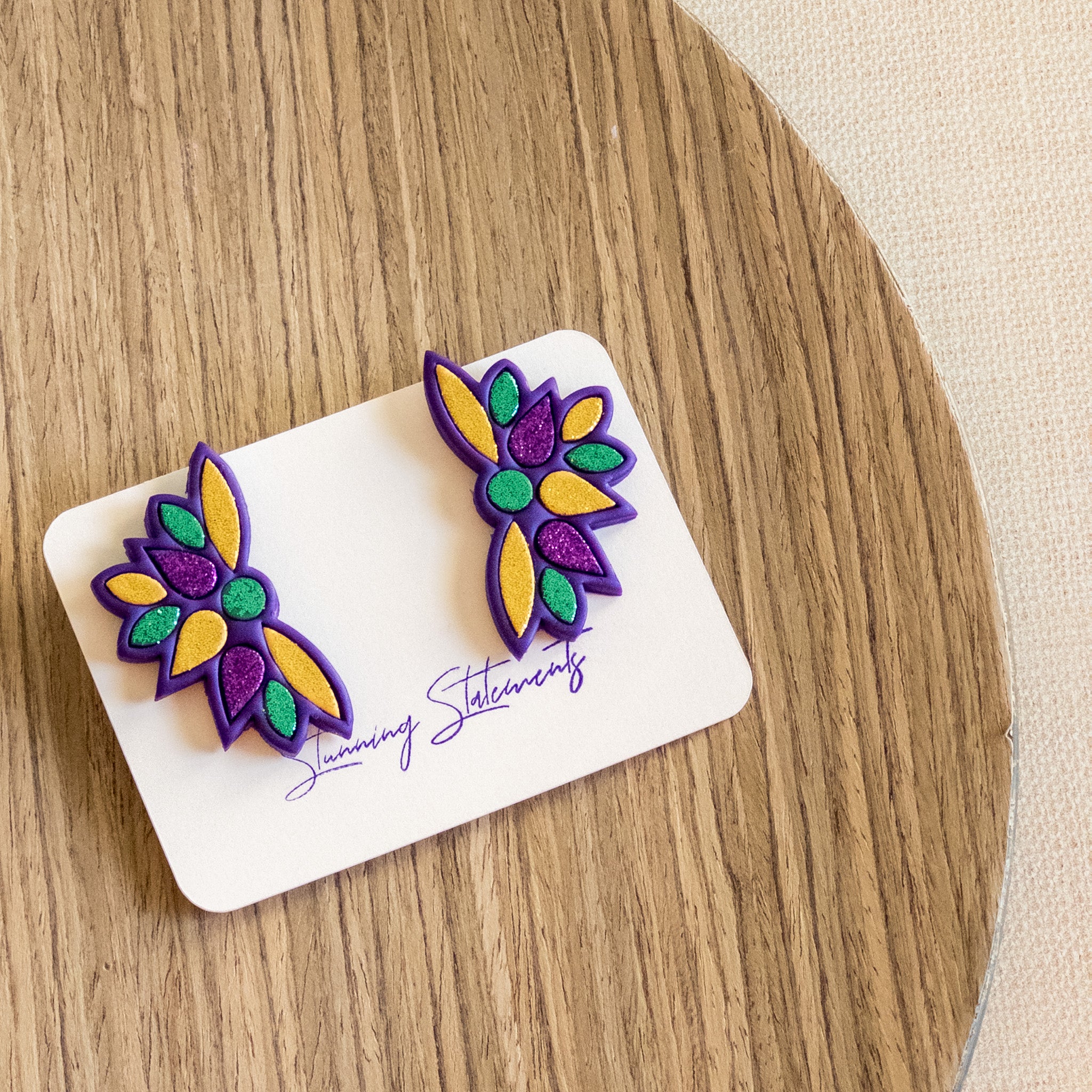 stunning statements clay mardi gras lightweight statement festive glitter shiny purple green gold stud earrings