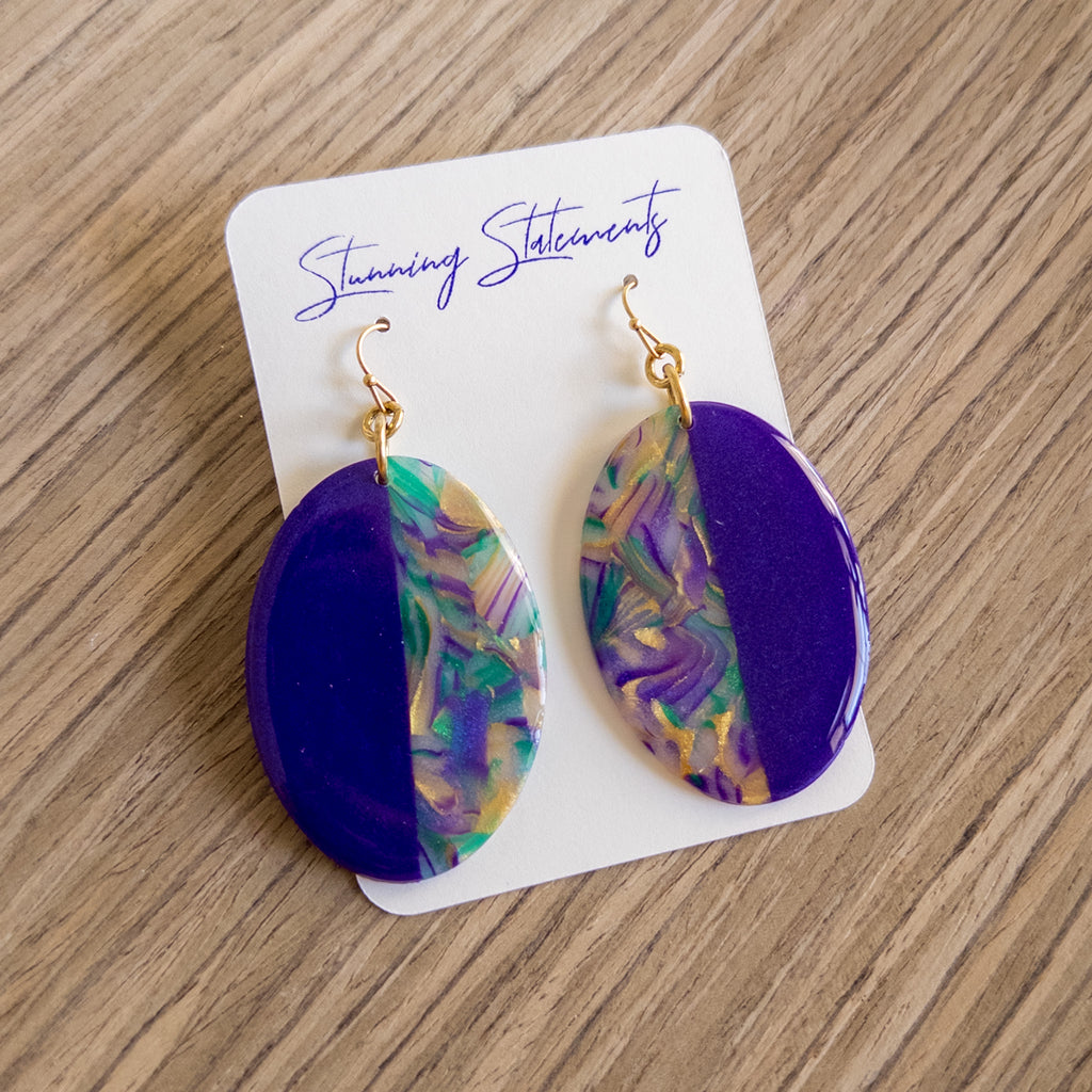 stunning statements clay mardi gras lightweight statement festive glitter shiny purple green gold oval earrings