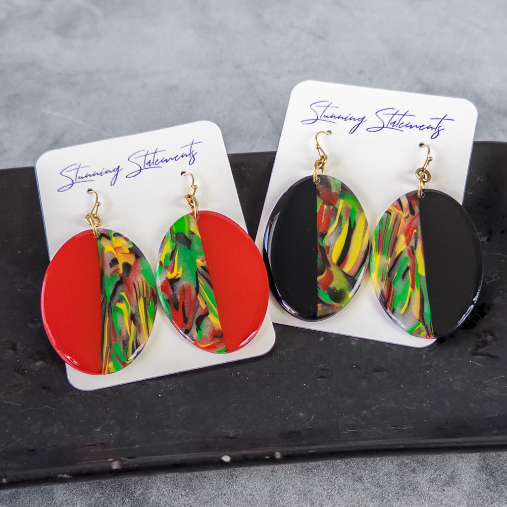 black history month juneteenth black red green yellow abstract large statement dangle lightweight multicolored festive earrings
