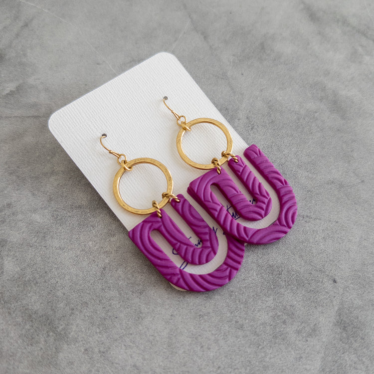 stunning statements textured clay big oversized colorful bold bright purple eliana dangle earrings