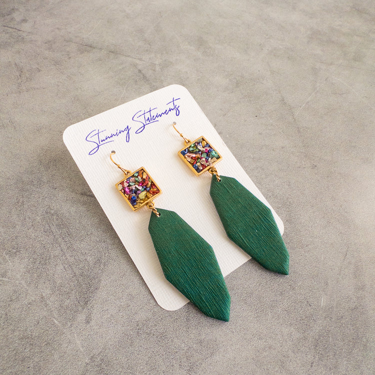 stunning statements colorful clay elegant sophisticated cocktail party green and gold dionne dangle earrings