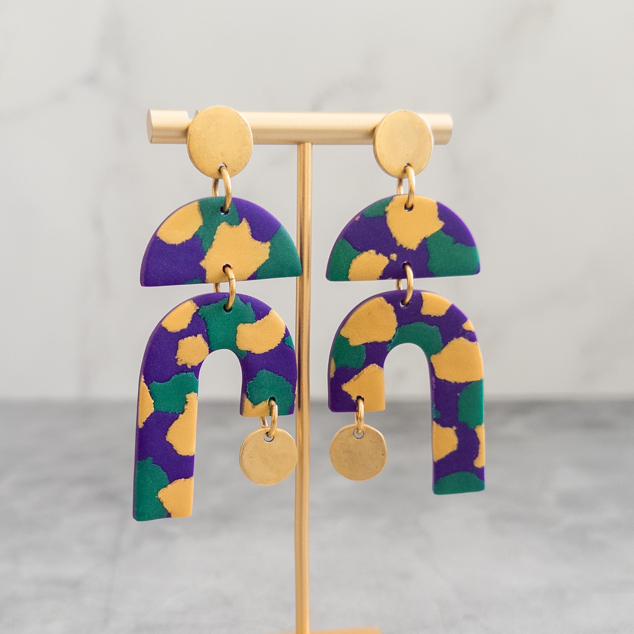 stunning statements clay mardi gras dangle lightweight statement alyssa earrings purple green gold