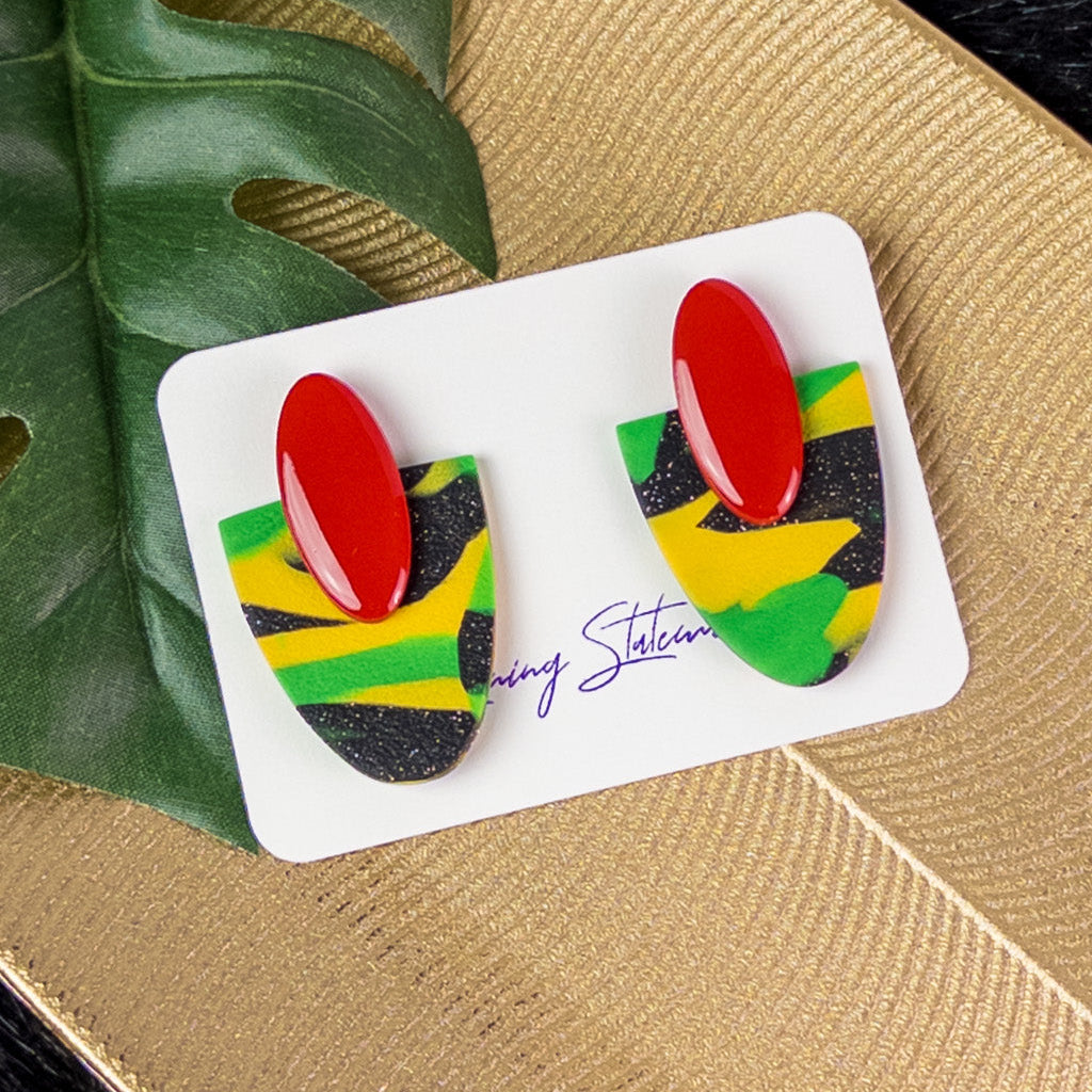 black history month juneteenth black red green yellow abstract large statement dangle lightweight multicolored festive stud earrings