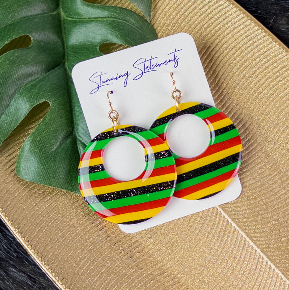 black history month juneteenth black red green yellow abstract large statement dangle lightweight multicolored festive hoop earrings