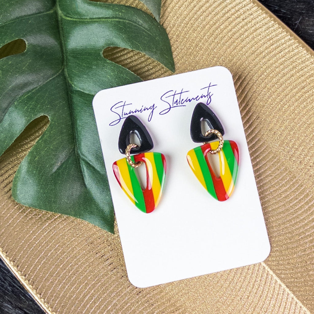 black history month juneteenth black red green yellow abstract large statement dangle lightweight multicolored festive earrings