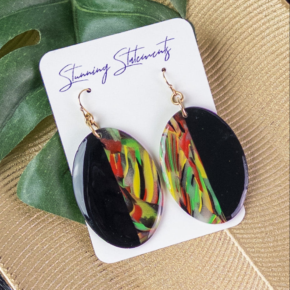 black history month juneteenth black red green yellow abstract large statement dangle lightweight multicolored festive earrings