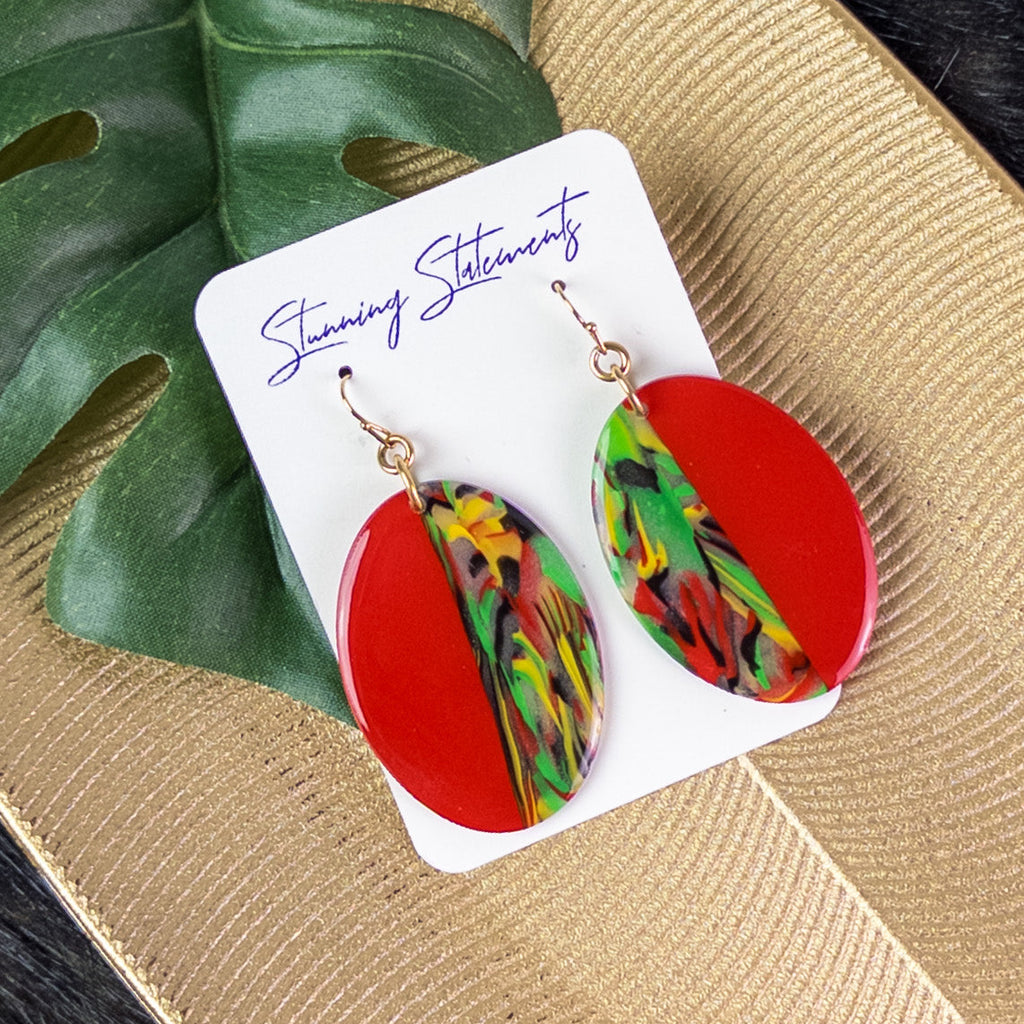 black history month juneteenth black red green yellow abstract large statement dangle lightweight multicolored festive earrings