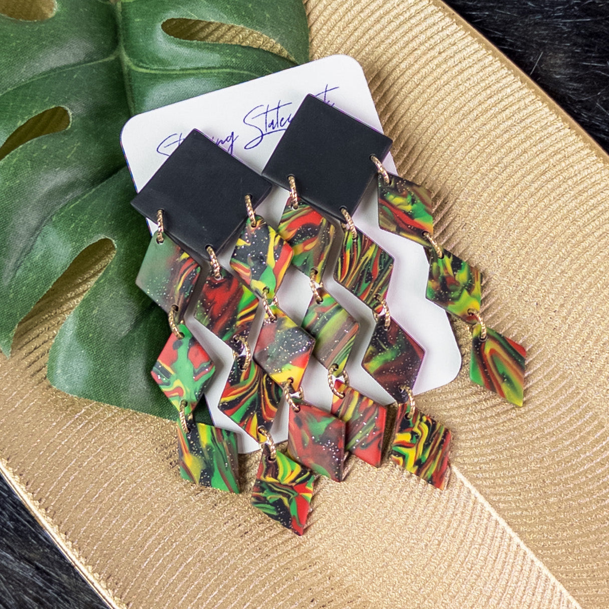 black history month juneteenth black red green yellow abstract large statement dangle lightweight multicolored festive earrings