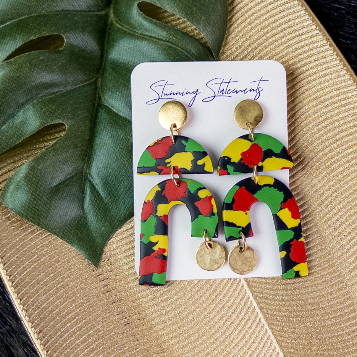 black history month juneteenth black red green yellow abstract large statement dangle lightweight multicolored festive earrings