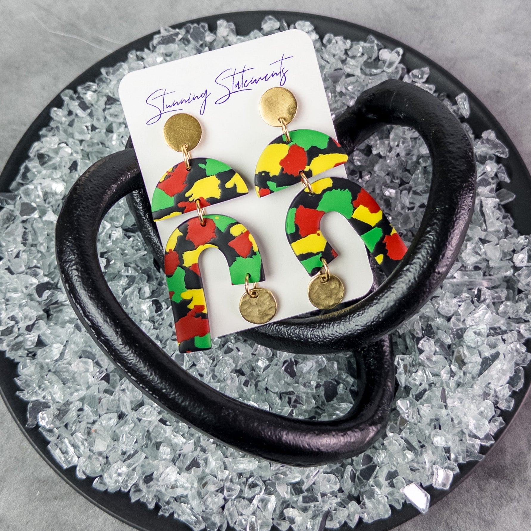 black history month juneteenth black red green yellow abstract large statement dangle lightweight multicolored festive earrings