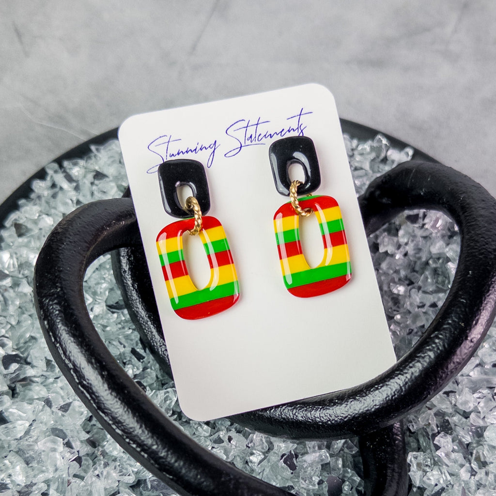 black history month juneteenth black red green yellow abstract large statement dangle lightweight multicolored festive earrings