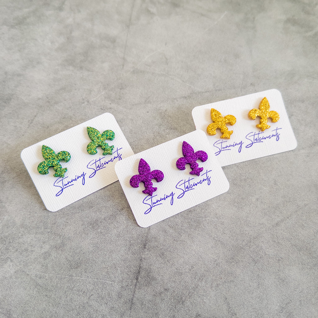 stunning statements clay mardi gras lightweight large big statement glitter shiny purple green gold fleur de lis stud earrings