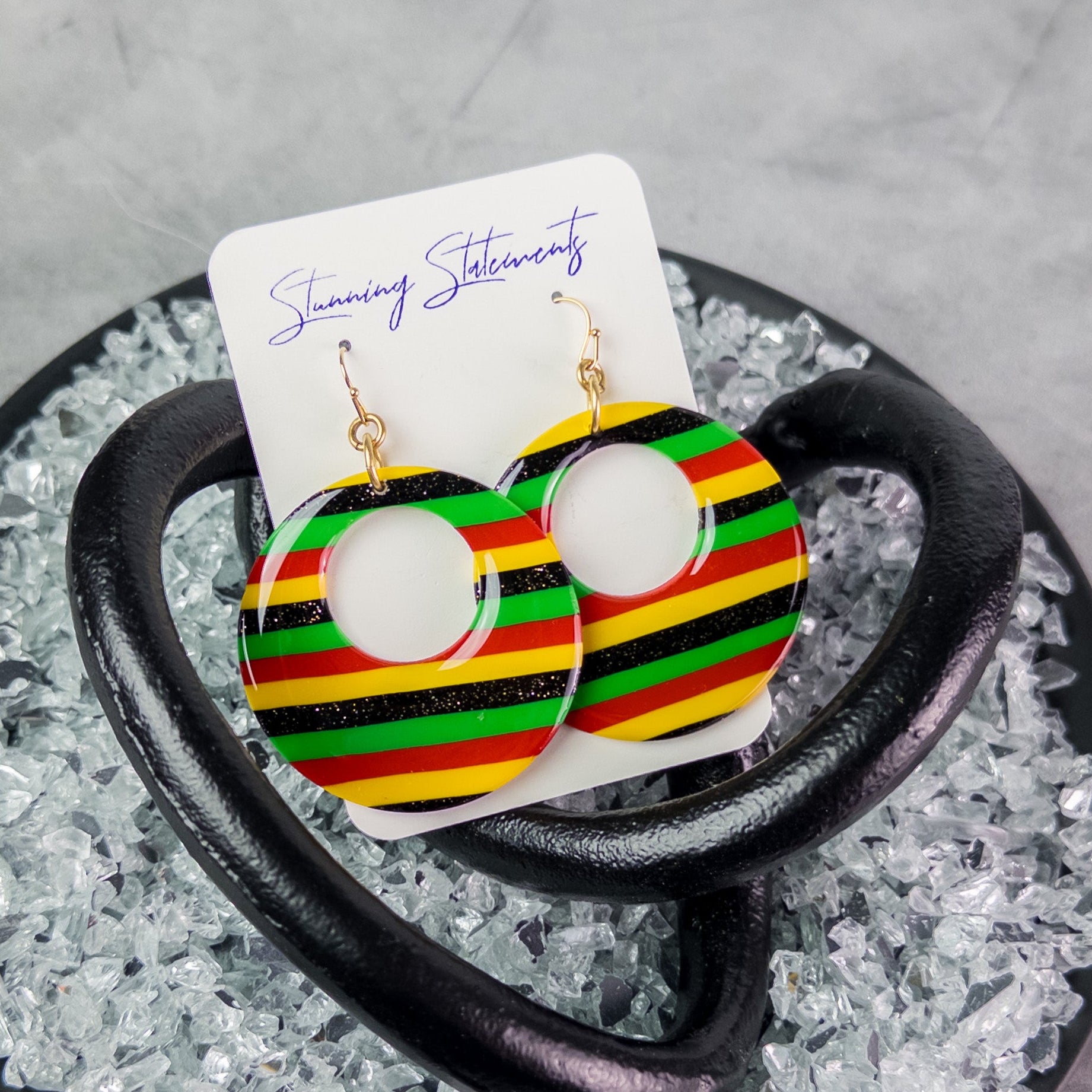 black history month juneteenth black red green yellow abstract large statement dangle lightweight multicolored festive hoop earrings