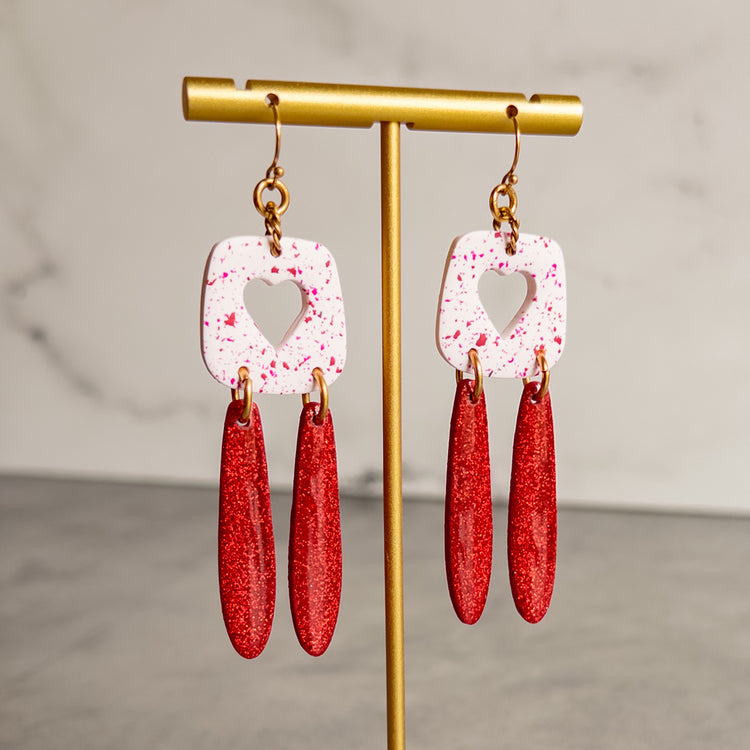 stunning statements clay dangle heart valentines day red pink white statement lightweight rhys earrings glitter sparkly