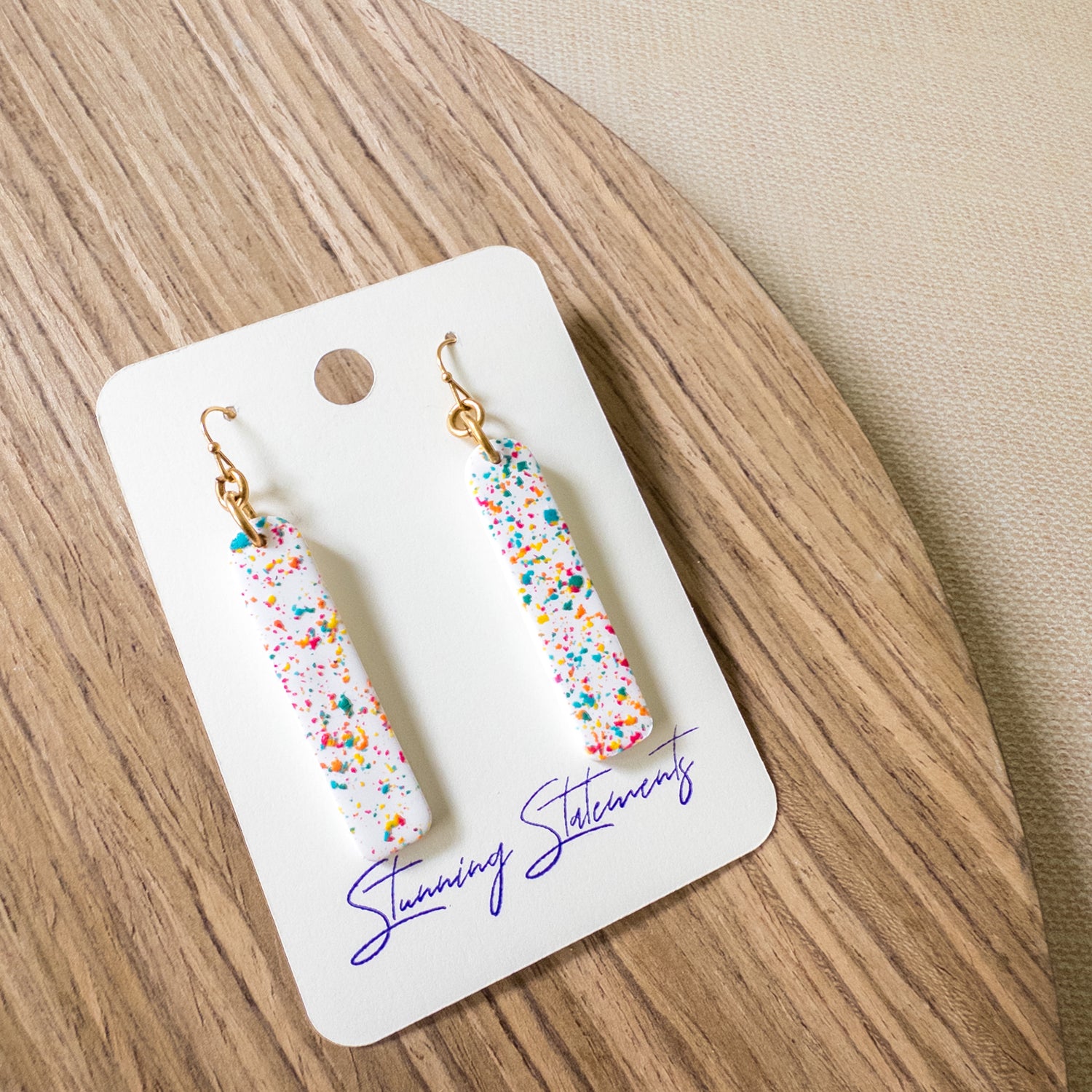 stunning statements long dangle rectangle colorful bold bright vibrant confetti vacation summer clay earrings