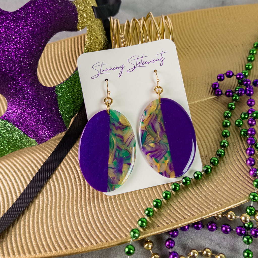stunning statements clay mardi gras lightweight statement festive glitter shiny purple green gold oval earrings