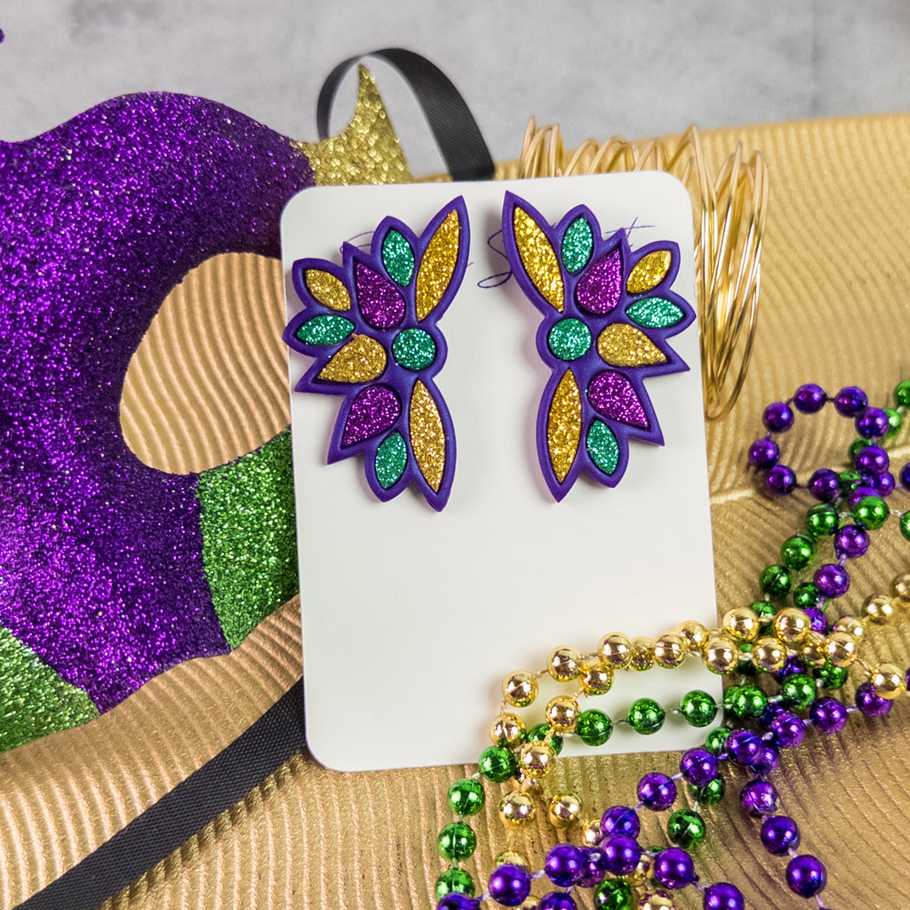 stunning statements clay mardi gras lightweight statement festive glitter shiny purple green gold stud earrings