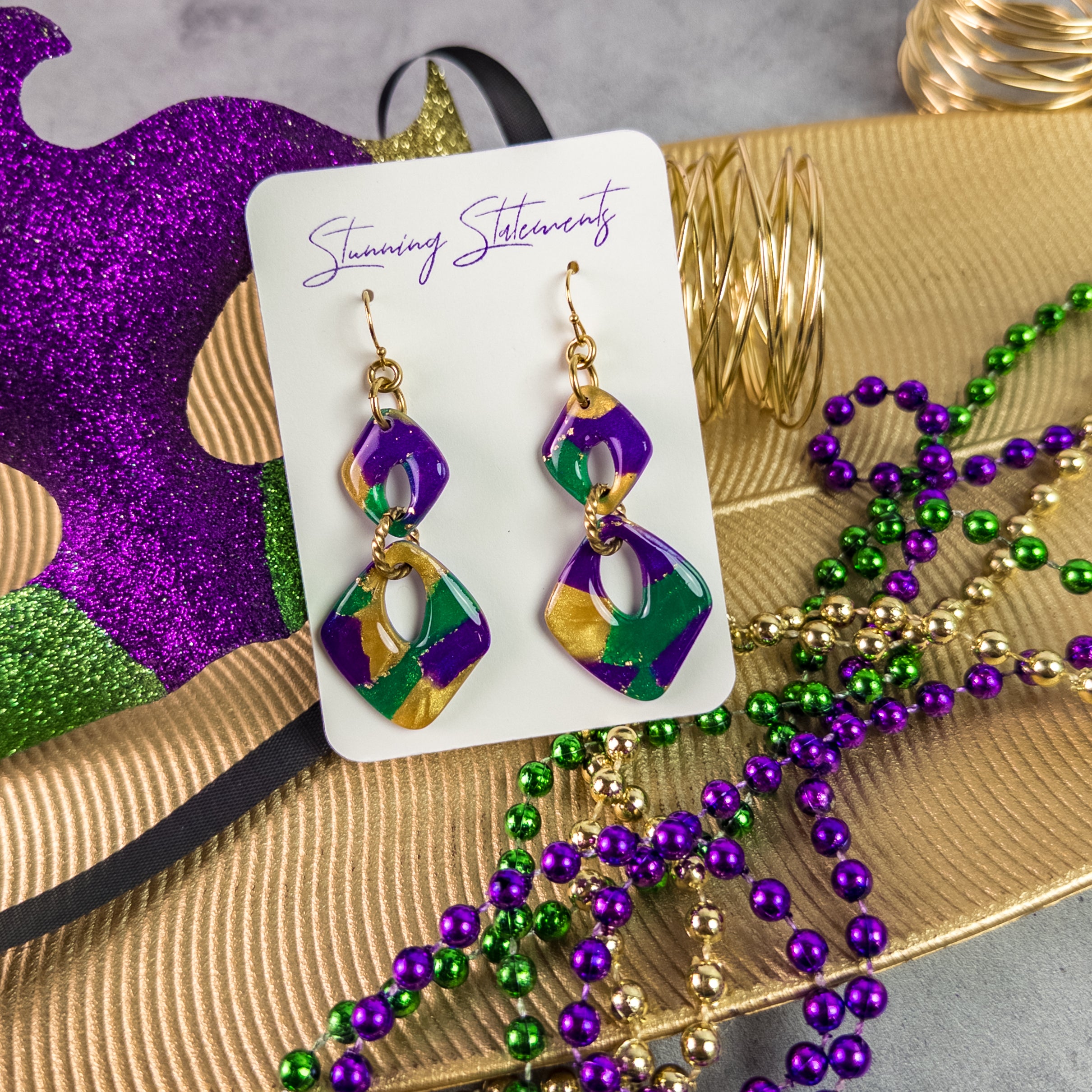 stunning statements clay mardi gras lightweight statement festive glitter shiny purple green gold dangle earrings