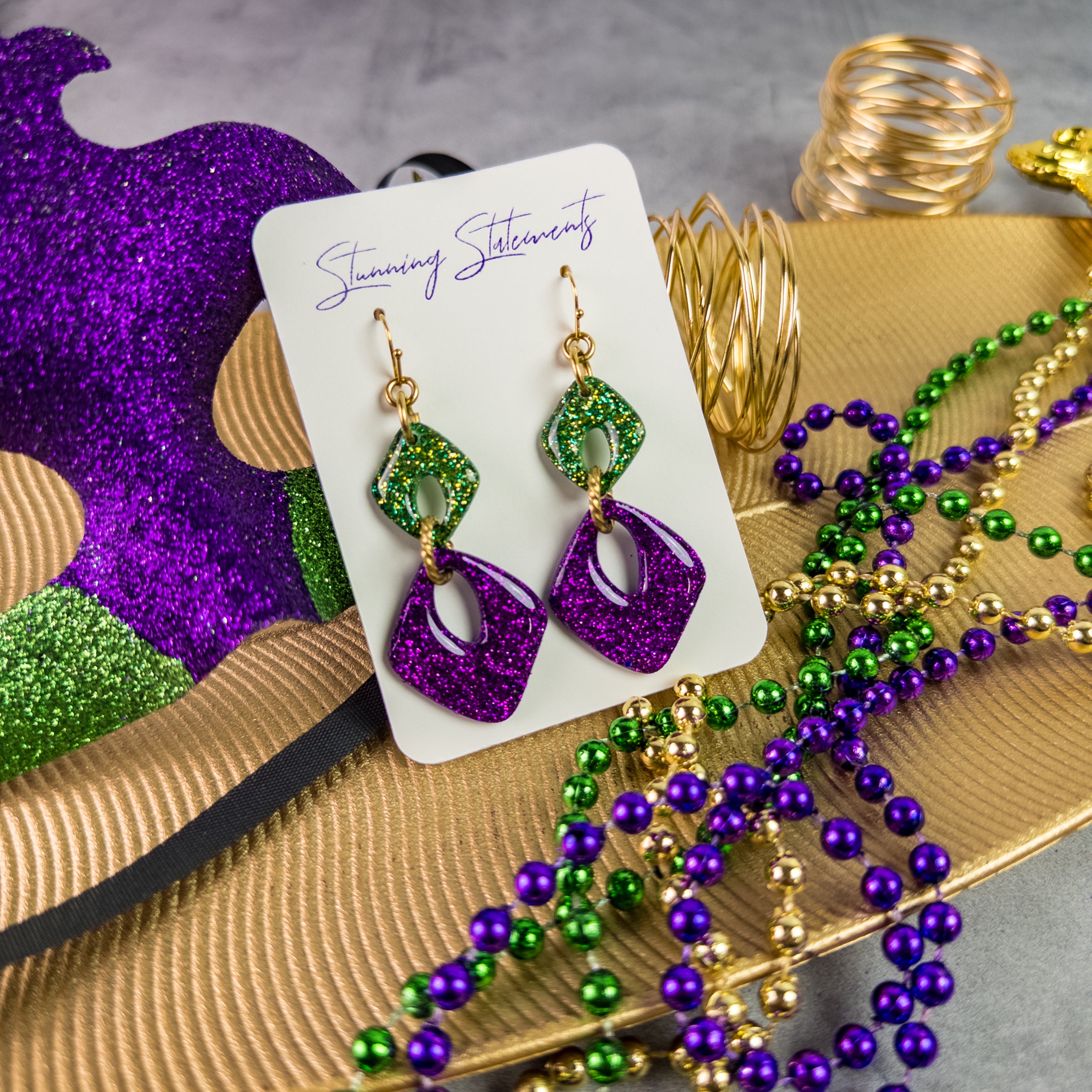 stunning statements clay mardi gras lightweight statement festive glitter shiny purple green gold dangle earrings