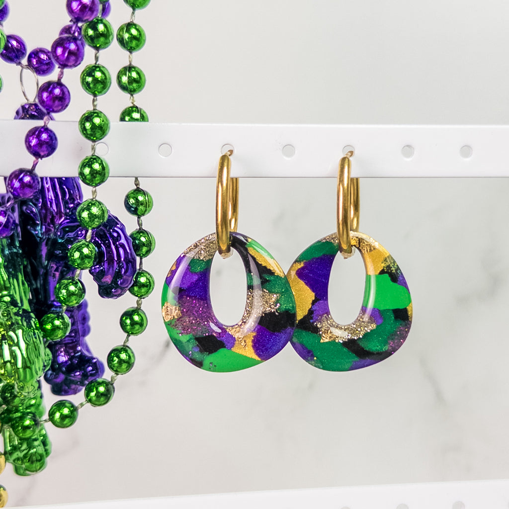 stunning statements clay mardi gras lightweight statement glitter shiny purple green gold abstract hoop earrings