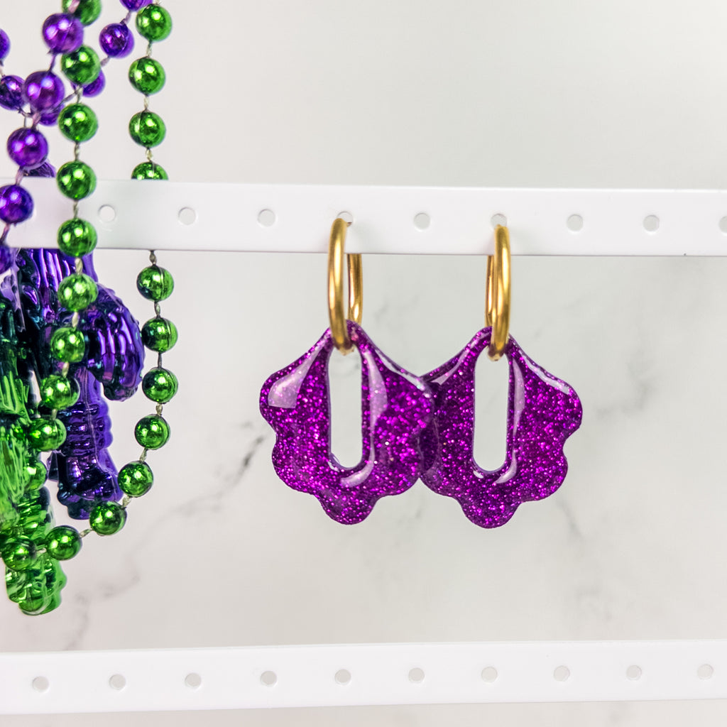stunning statements clay mardi gras lightweight statement glitter shiny purple abstract hoop earrings