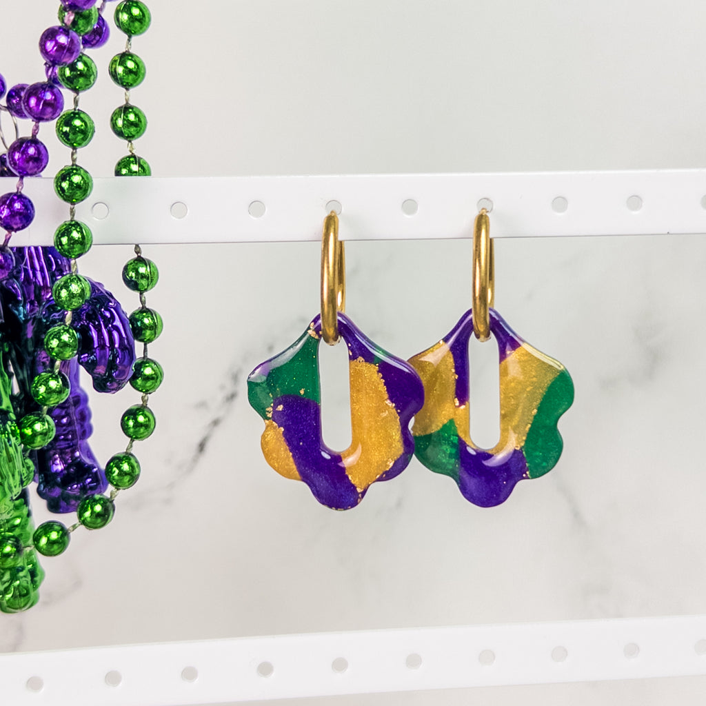 stunning statements clay mardi gras lightweight statement glitter shiny purple green gold abstract hoop earrings