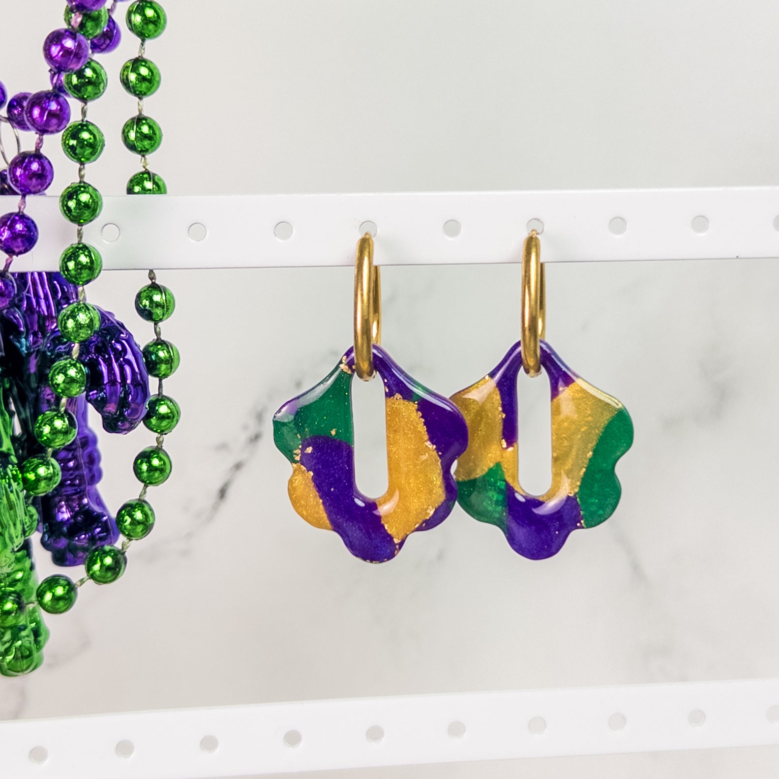 stunning statements clay mardi gras lightweight statement glitter shiny purple green gold abstract hoop earrings