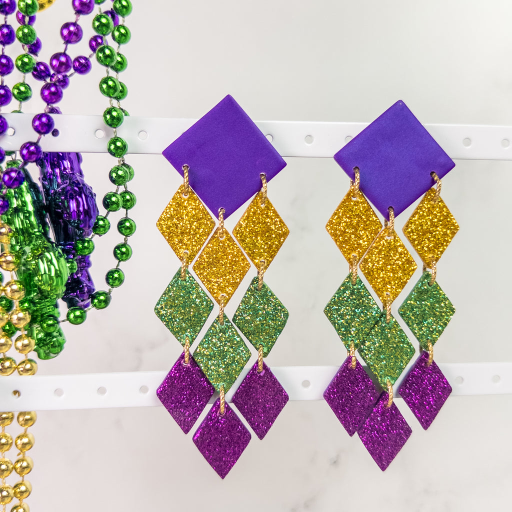 stunning statements clay mardi gras dangle lightweight large big statement glitter shiny purple green gold earrings