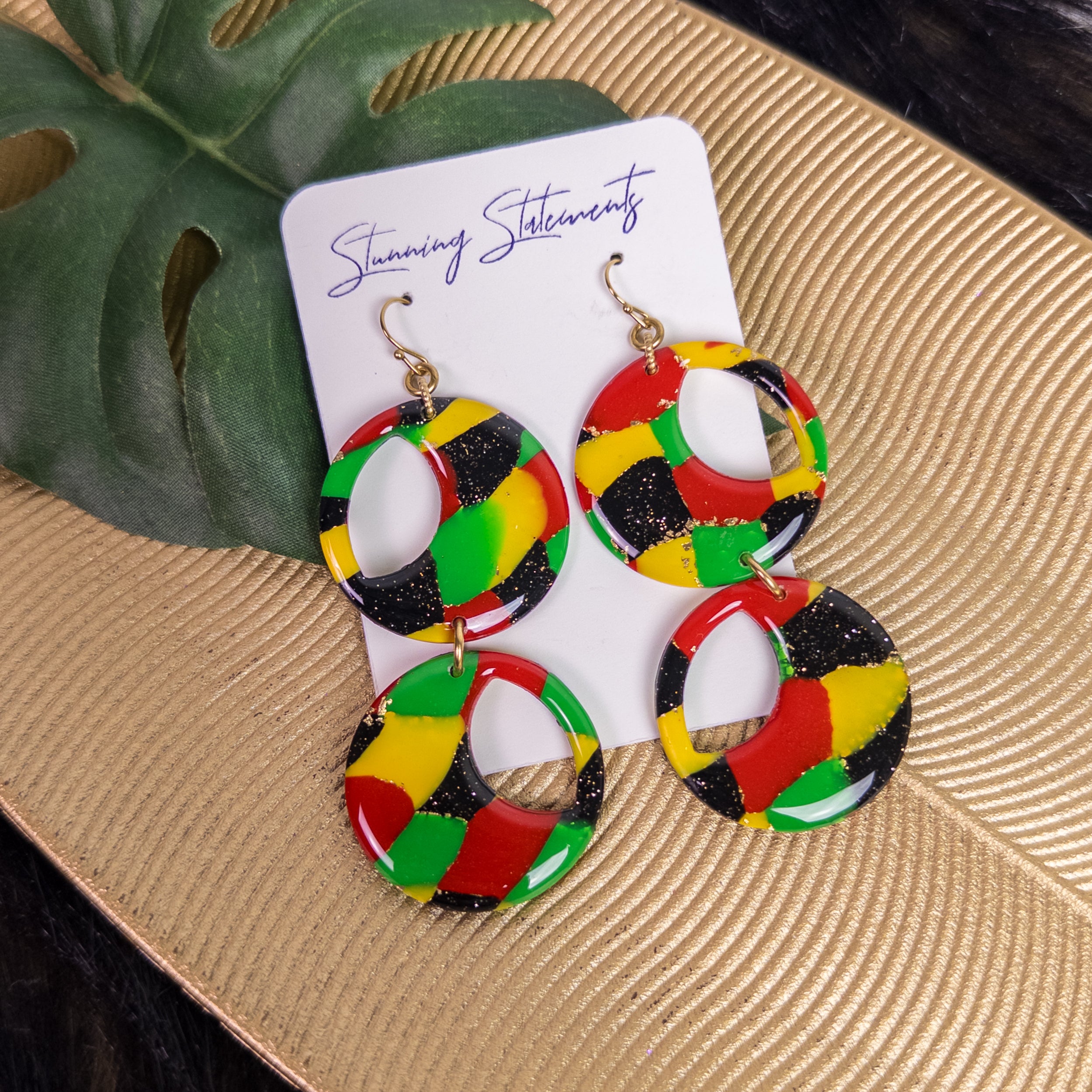 black history month juneteenth black red green yellow abstract large statement dangle lightweight multicolored festive earrings 