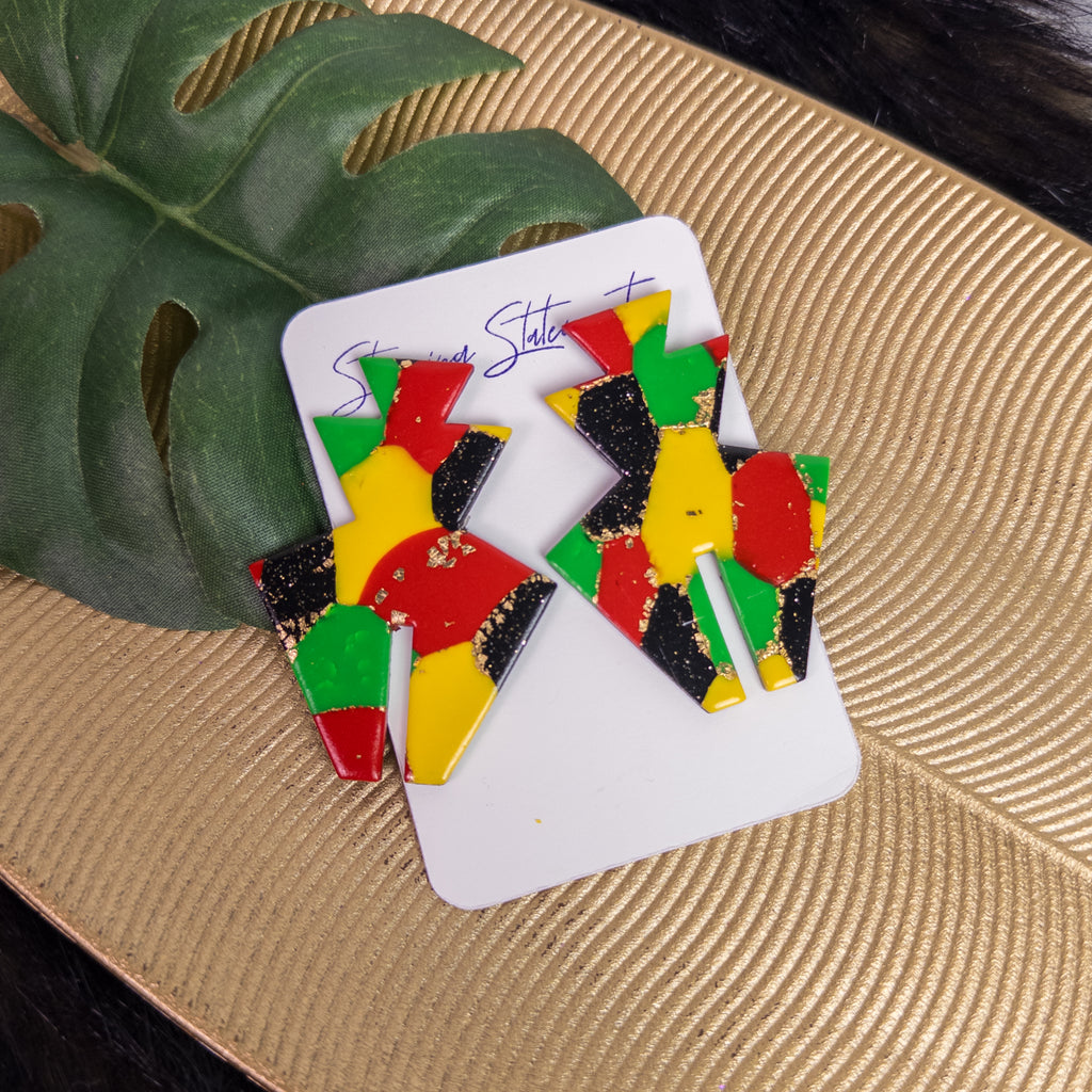 black history month juneteenth black red green yellow abstract large statement stud lightweight multicolored festive earrings 