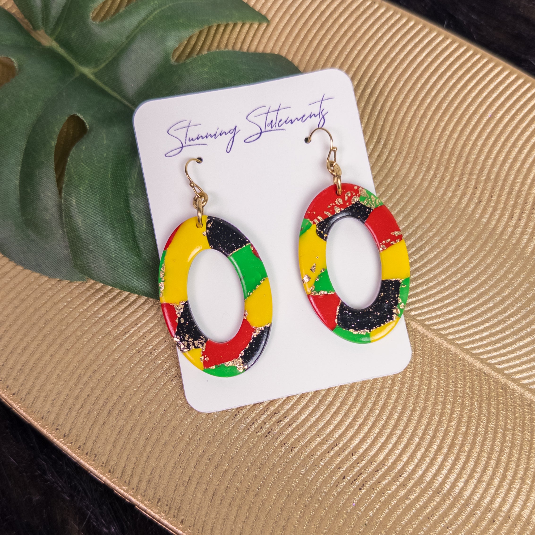 black history month juneteenth black red green yellow abstract large statement dangle lightweight multicolored festive earrings