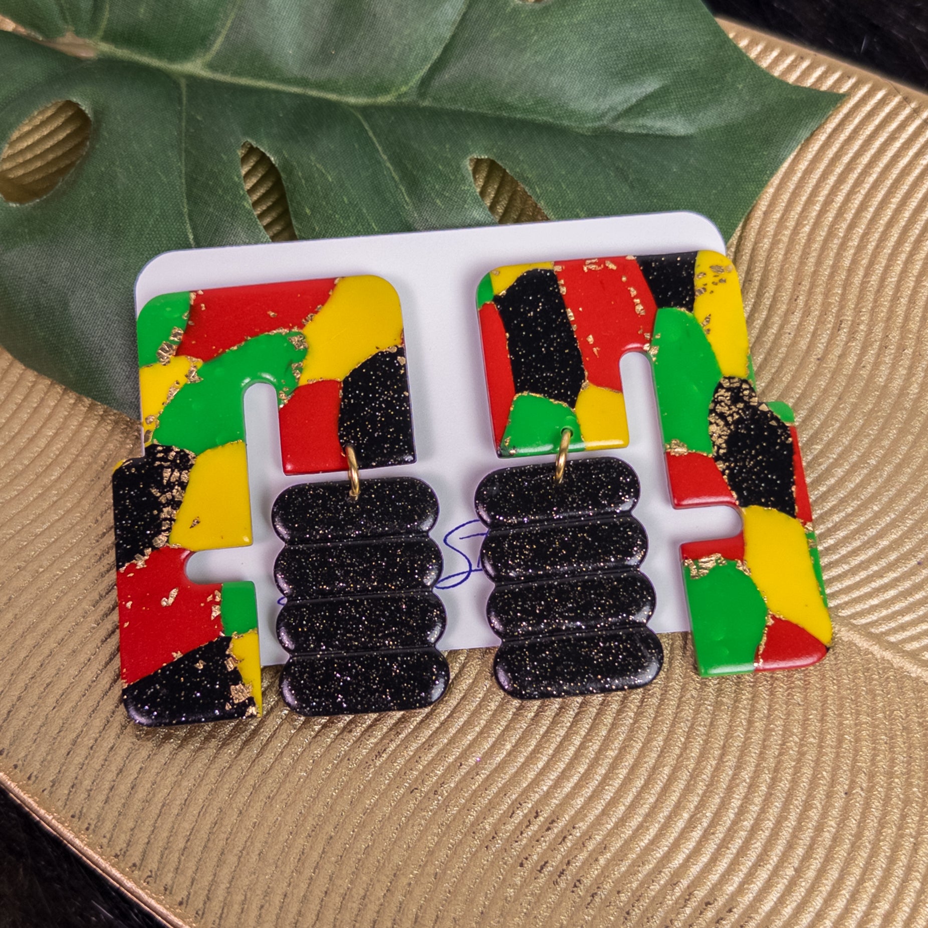 black history month juneteenth black red green yellow abstract large statement dangle lightweight multicolored festive earrings 