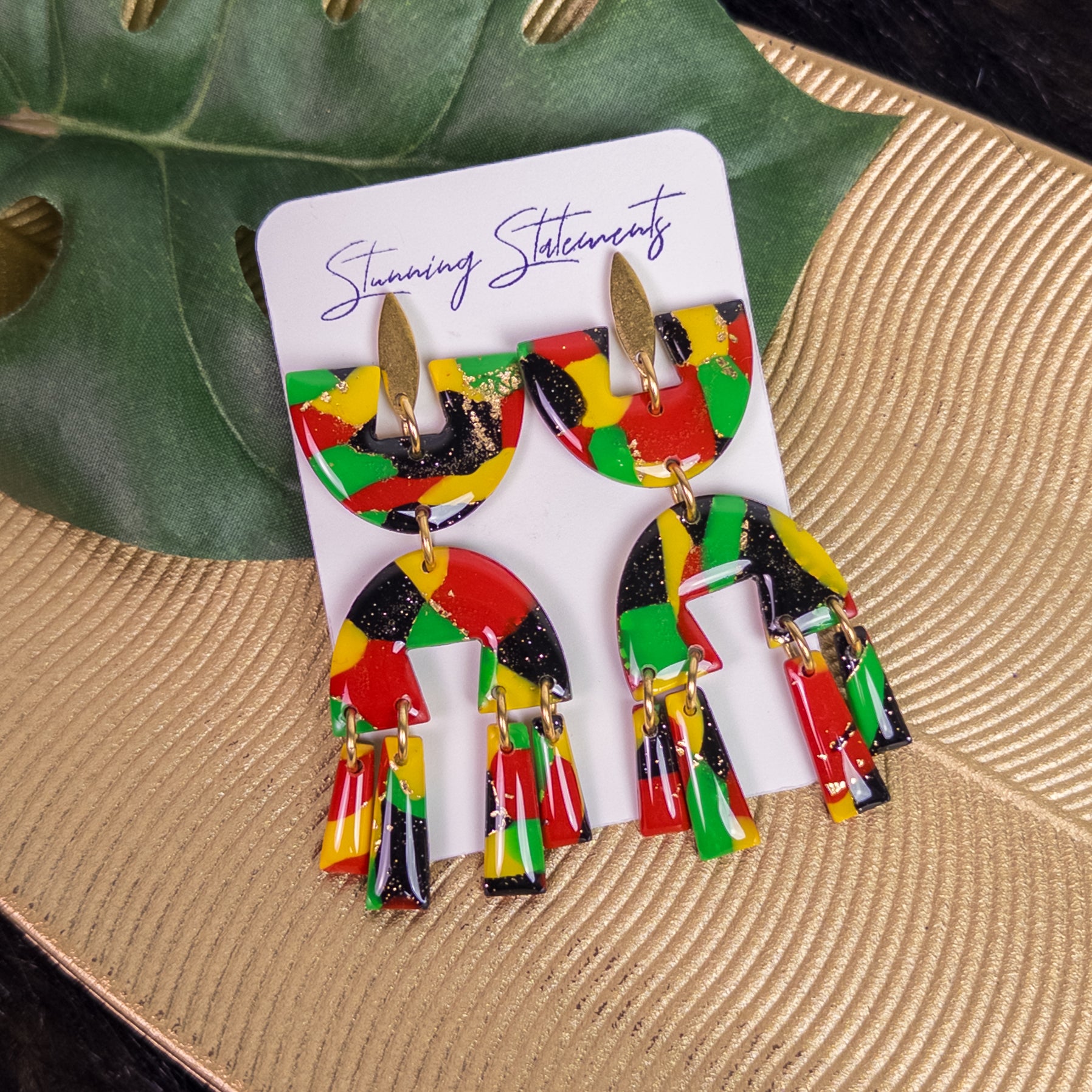 black history month juneteenth black red green yellow abstract large statement dangle lightweight multicolored festive earrings