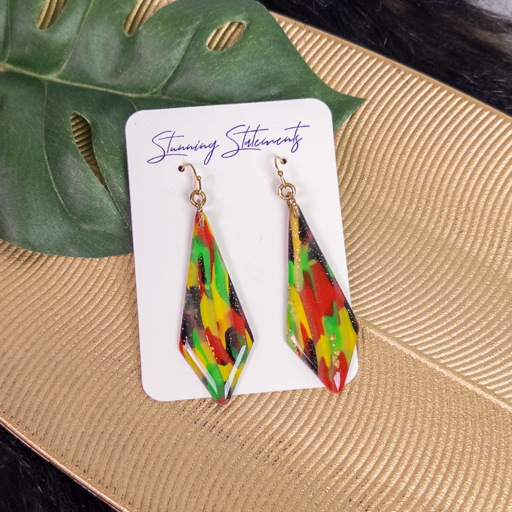 black history month juneteenth black red green yellow abstract large statement dangle lightweight multicolored festive earrings 