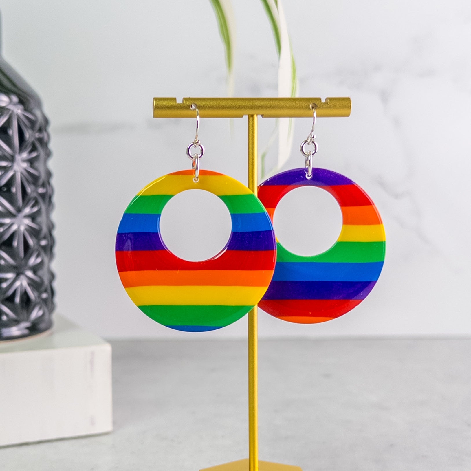 Rainbow pride striped earrings on a stand with a white background