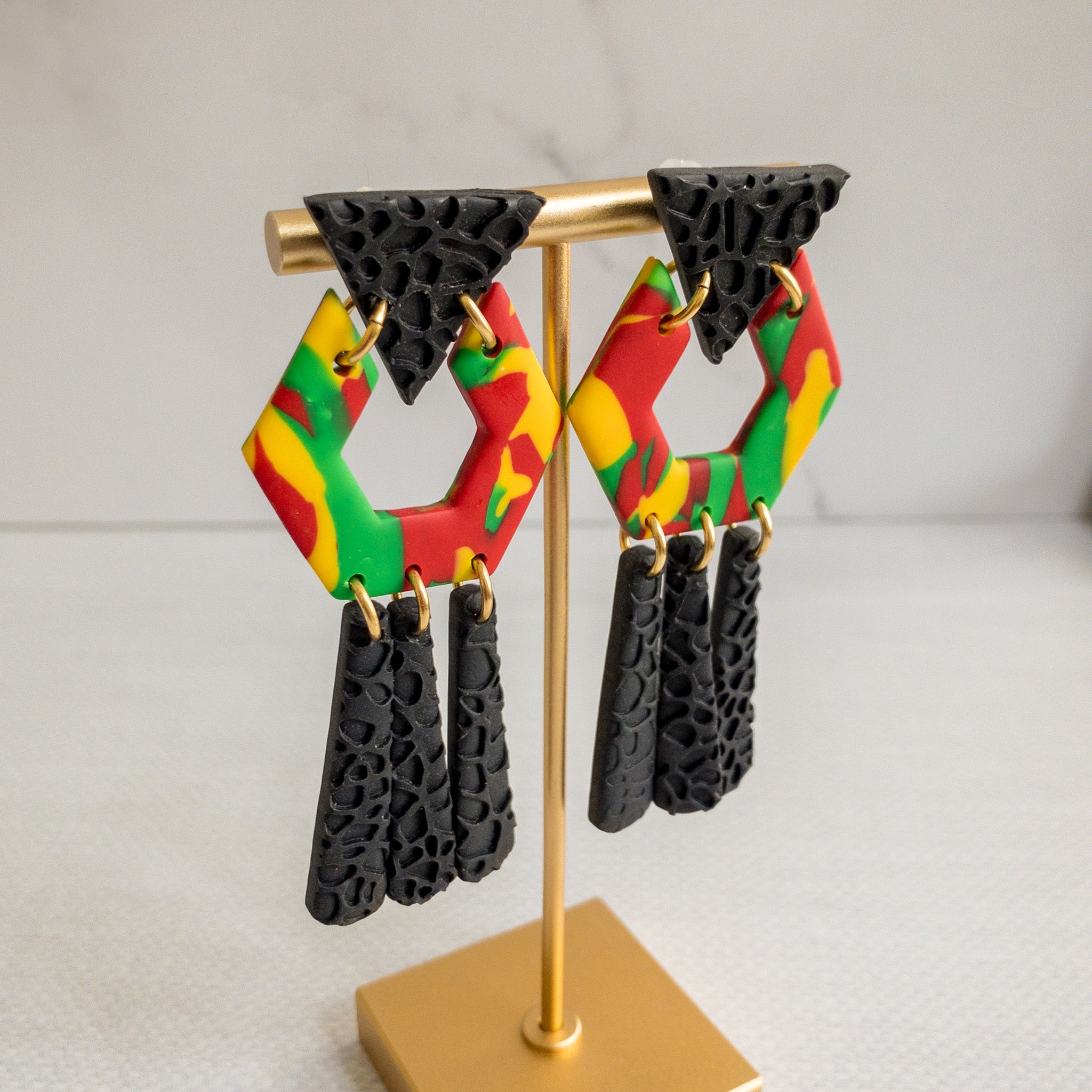 black history month juneteenth black red green yellow abstract large statement dangle lightweight multicolored festive earrings