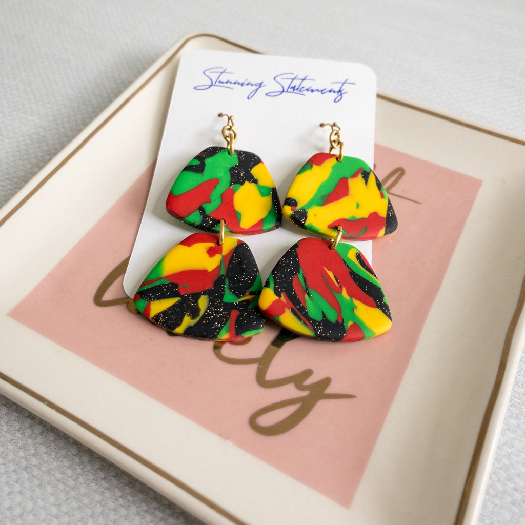 black history month juneteenth black red green yellow abstract large statement dangle lightweight multicolored festive earrings