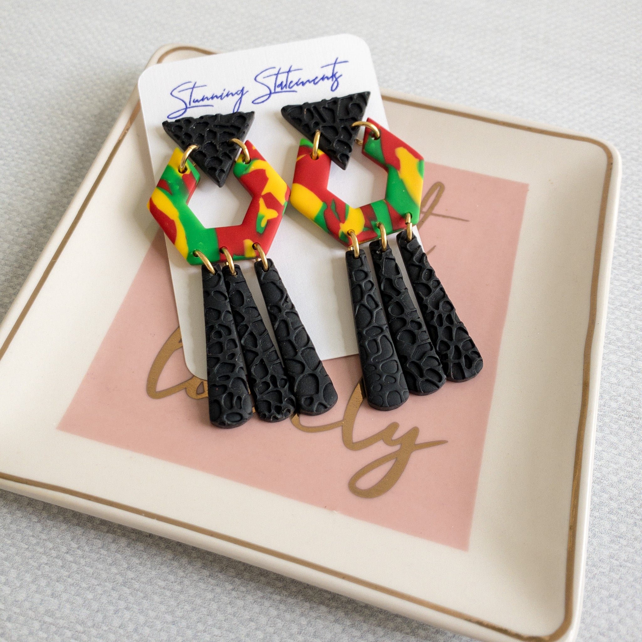 black history month juneteenth black red green yellow abstract large statement dangle lightweight multicolored festive earrings