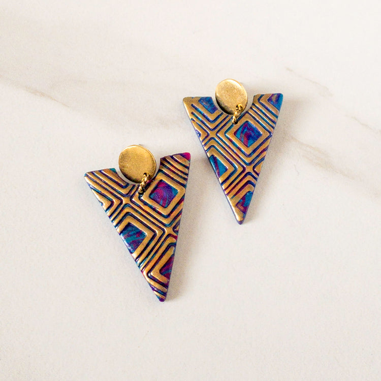 stunning statements clay lightweight triangle textured bold bright colorful teal pink nebula dangle earrings