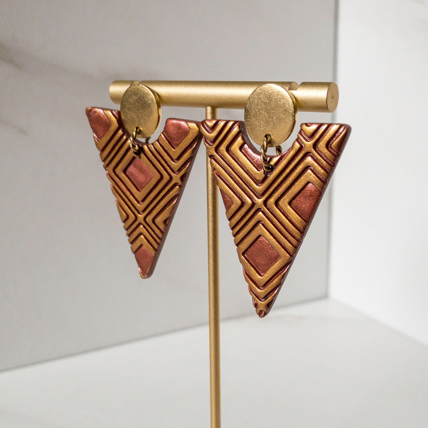 stunning statements clay lightweight triangle textured bold bright colorful bronze nebula dangle earrings