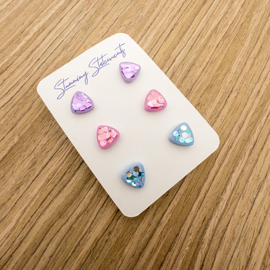 stunning statements girls clay bright triangle lightweight fun cute purple pink blue teddi stud earrings