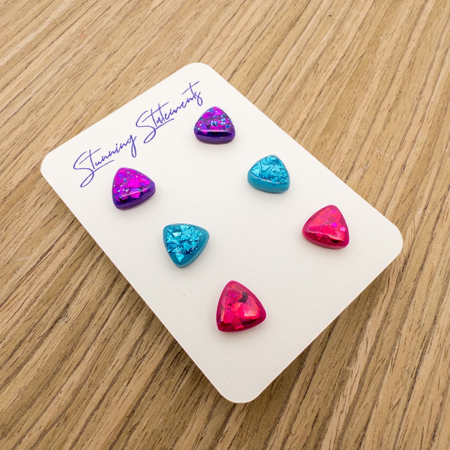 stunning statements girls clay bright triangle lightweight fun cute purple pink blue teddi stud earrings